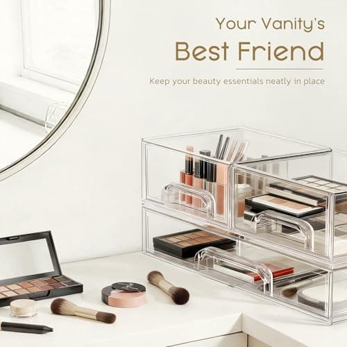 Criusia Stackable Storage Drawers, 4 Pack Clear Plastic Makeup & Bathroom Organizer, Versatile Storage Bins for Vanity, Under Sink, Kitchen Cabinets & Pantry - Thumbnail 3