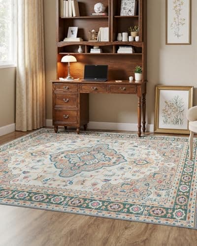 MINIDEAR 5x7 Area Rugs for Living Room, Dining Room Rug, Washable Rugs for Bedroom Non Slip Vintage Rug with Floral Print Carpet Mat for Home, Khaki - Image 1