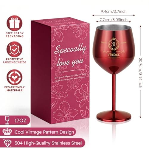 TJ 30th Birthday Gifts for Women Vintage Engraved Wine Glass - 30th Birthday Stainless Steel Wine Glass Birthday Decorations For Women, 30 Year Old Birthday Gifts for Sister Friends Wife Aunt, Red - Thumbnail 3