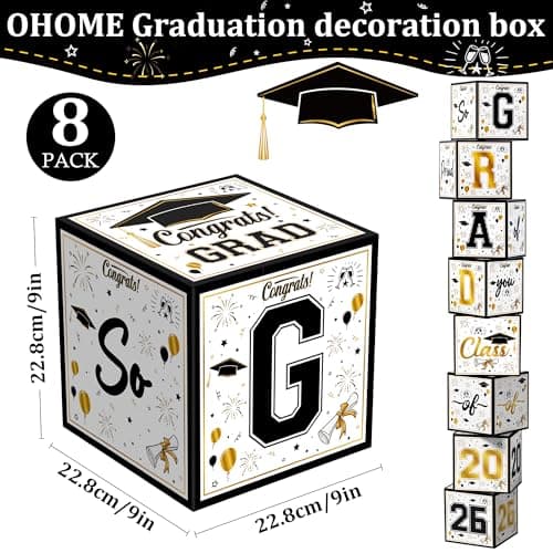 OHOME 8 Pack Graduation Decorations 2026 - Black Gold Balloon Boxes for Class of 2026 Party Favors Supplies - Graduation Party Decorations 2026 Yard Signs Banner Backdrop Decor (Black) - Thumbnail 2