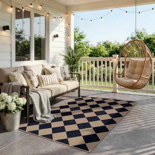 Lahome Colette Checkered Easy Jute Entry Rug, 3x5 Black Outdoor Patio Rug for Living Room Farmhouse Neutral Carpet, Washable Non Slip Indoor Door Mat Diamond Carpet for Front Door Deck Camping - Thumbnail 3