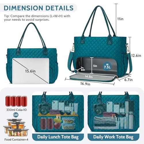2-in-1 Lunch & Laptop Tote Bag｜15.6" Work Bags for Women｜Water-Resistant Polyester Casual｜Insulated Leakproof Lunch Compartment｜Teacher Nurse Bag｜Laptop Briefcase for Office Travel｜Dark Green - Thumbnail 3
