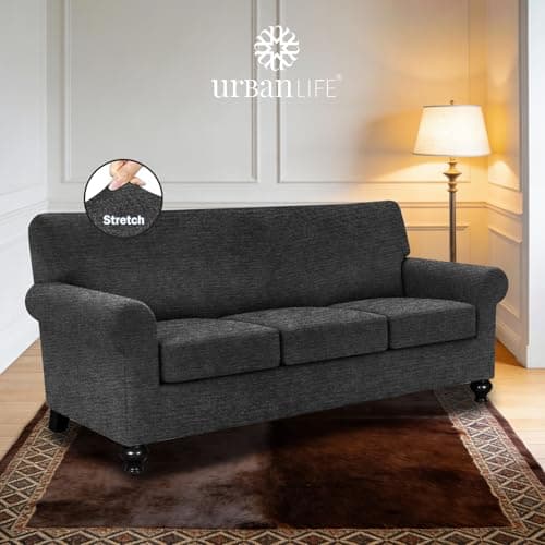 URBANLIFE 4-Piece Stretch Sofa Slipcovers for 3 Cushion Couch, Super Stretch Spandex Non-Slip Sofa Cover with Elastic Bottom, Machine Washable Furniture Protector for Kids & Pets, Charcoal Gray - Thumbnail 2