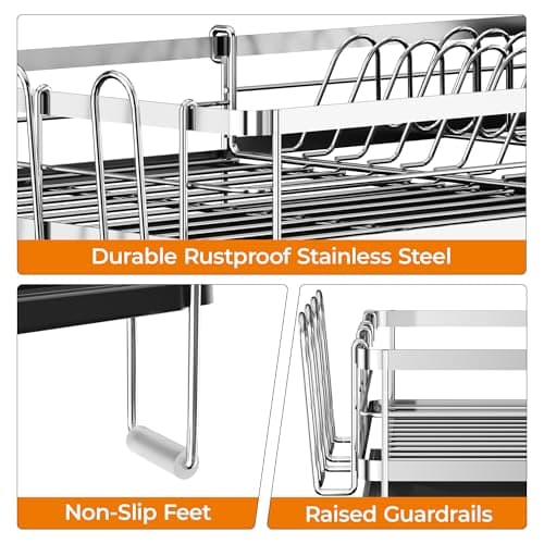 Delamu Stainless Steel Dish Drying Rack, Expandable Dish Drainer, Anti-Rust Large Dish Racks for Kitchen Counter, Dish Strainers with Drainboard, Utensil Holder & Cup Holder, 13.4"-28.7" L x 11.8" W - Thumbnail 4