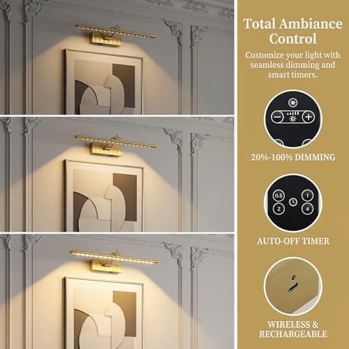 JOOSENLUX Rechargeable Picture Light, 16" Brass Battery Operated Wall Sconce with Remote, Dimmable LED Art Light for Paintings, Timer, Swing Arm - Thumbnail 3