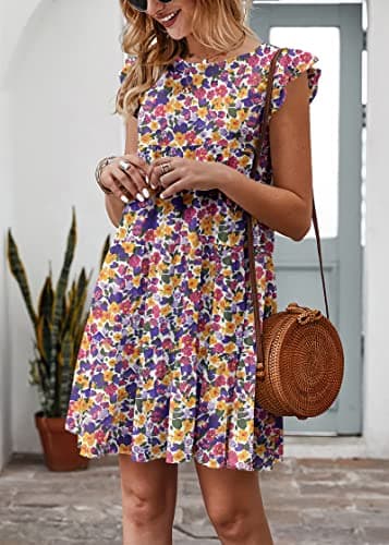 KIRUNDO Womens Dresses 2026 Cute Summer Sleeveless Boho Floral Mini Beach Sundress Ruffle Sleeve Round Neck Loose Short Flowy Pleated Babydoll Dress, Floral3-white Purple, Small - Thumbnail 3