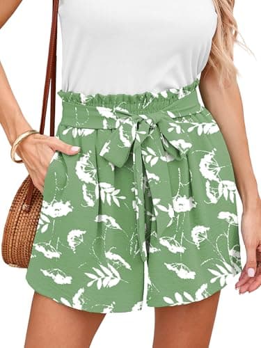 DEARCASE Elastic Waist Shorts for Women Summer Green White Flowers X-Large Beach High Rise Adjustable Lightweight Tie Knot Drawstring Stretchy Lounge Casual Wide Leg Boho Short Pants with Pockets - Image 1