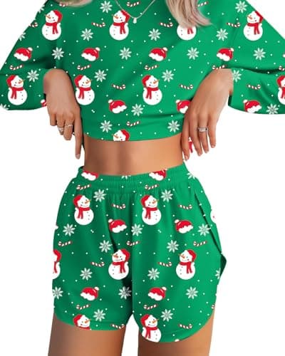 JUSTFASHIONNOW Christmas Pajamas Women Lounge Set 2 Piece Outfits Loungewear Sweatsuit Long Sleeve Snowman Print Pajamas Split Short Sets Soft Casual Crew Neck Sleepwear Pjs (Green, Medium) - Image 1