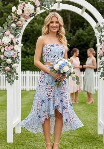 Angashion Women's 2 Piece Dress Floral Crop Top Maxi Skirt Set Outfit Dress with Pockets 2501 White Medium - Thumbnail 2