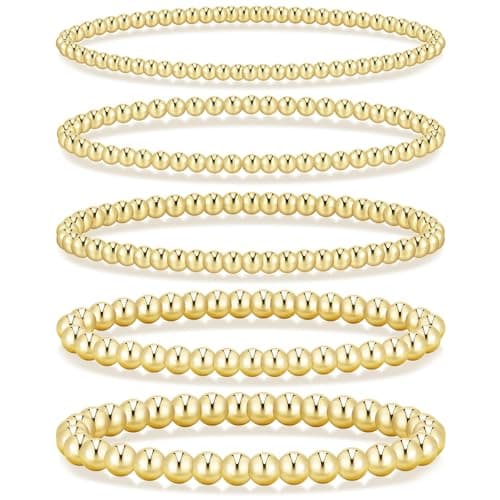 Gold Beaded Bracelets for Women, 5 Pcs Dainty 14K Gold Plated Chunky Stretch Bead Ball Bracelet Stack - Image 1