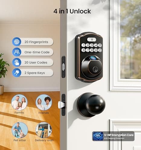 Veise Fingerprint Door Lock with 2 Knobs - Keyless Entry Door Lock with Handle, Electronic Keypad Deadbolt, Smart Front Handle Set, Auto-Locking, Waterproof, Easy Installation, Oil-Rubbed Bronze - Thumbnail 3