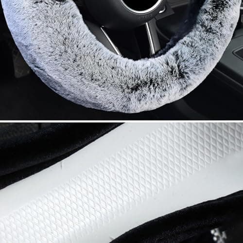 KAFEEK Frost Fluffy Microfiber Plush Steering Wheel Cover for Winter Warm, Universal 15 inch Soft Fuzzy Steering Wheel Cover,Cool Black - Thumbnail 4