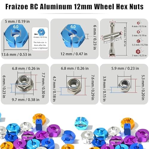 Fraizoe RC Aluminum 12mm Hex Wheel Hub 4Pcs w/Axle Pin M4 Flange Lock Nut Standard M3 M4 Nut 6mm Thickness Wheel Drive Adapter for 1/10 Traxxas HSP Redcat Rc4wd Tamiya Axial SCX10 WLtoy RC Car(25Pcs) - Thumbnail 2