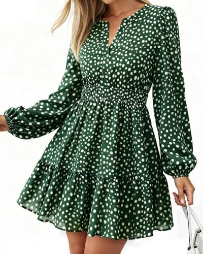 BTFBM Fall Dresses for Women 2026 Mini Long Sleeve Elastic Waist Summer Vacation Outfits Floral Wedding Guest Dress(Dot Green White, XX-Large) - Image 1