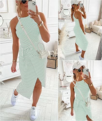 NOLLSOM Women Casual Sleeveless Striped Tank Midi Dresses Halter Neck Ruched Bodycon DressesTie Waist T Shirt Summer Dress (Large, Striped Light Green) - Thumbnail 4