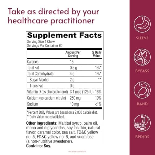 Bariatric Advantage Calcium Citrate Chewy Bites 250 mg with Vitamin D3 - Chewable Supplement for Bariatric Surgery Patients - Sugar-Free Calcium Chews - Caramel Flavor - 60 Count - Thumbnail 4