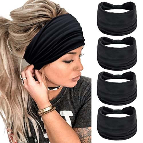 Huachi Wide Headbands for Women Black Stylish Head Wraps Boho Thick Hairbands Large African Sport Yoga Turban Headband Hair Accessories (Pack of 4) - Image 1