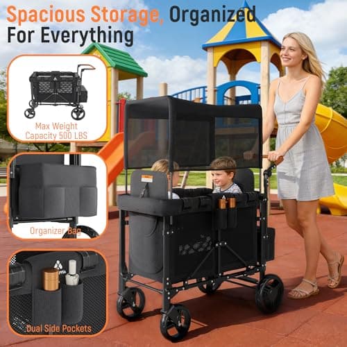 VELUVIA Wagon Stroller Outdoor for 2 Kids - Double Toddlers Stroller with Canopy & Removable Seat Pads, 2 Seater Push Pull Wagon One-Hand Fold, Shock-Absorbent Wheels & Safety Harness, Black - Thumbnail 3