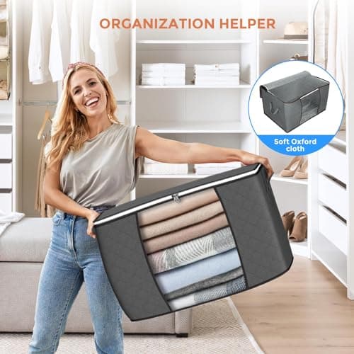 90 L Large Storage Bags, 6 Pack Clothes Storage Bins Foldable Closet Organizers Storage Containers with Reinforced Handle for Clothing, Blanket, Comforters, Bed Sheets, Pillows and Toys (Gray) - Thumbnail 6