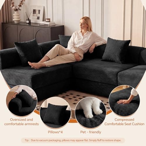 ceamorfco 112 Inch Boneless Couch Modular Sectional Sofa, Corduroy 4-Seat Cloud Couch with High Back Support Pillows, Convertible Floor Sofa Bed for Living Room and Small Spaces, Black - Thumbnail 5