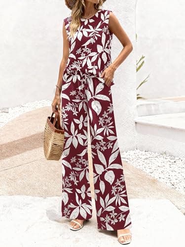 BTFBM Lounge Sets For Women Summer Sweatsuits 2 Piece Tracksuit Sleeveless Tops Wide Leg Pants Floral Vacation Outfits(Floral Wine Red,Medium) - Thumbnail 2