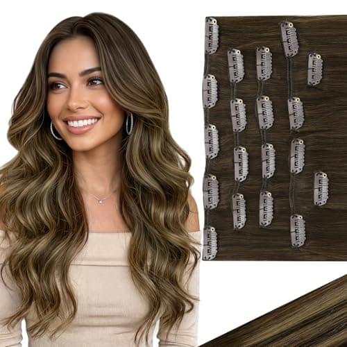 Ve Sunny Balayage Clip in Hair Extensions Real Human Hair, Medium Brown to Caramel Blonde, Ombre Remy Hair Extensions Clip ins for Women Thick Natural for Beginners 16 inch 120g 7pcs - Image 1