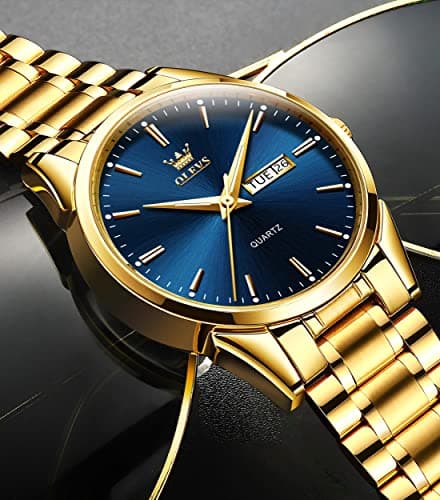 OLEVS Watch Men Gold Blue Stainless Steel Large Face Watches for Men Casual Day Date Mens Watches Classic Water Resistant Analog Quartz Wrist Watch for Man Luxury Golden Reloj para Hombre - Thumbnail 4