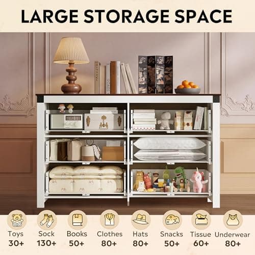 GALAXHERO Farmhouse TV Stand, 53.07'' Wide 6-Drawer Wood Storage Unit, with Double Rustic Handle, TV Console for 60 inch TV, Modern Storage Organizer for Living Room, Office, White - Thumbnail 2