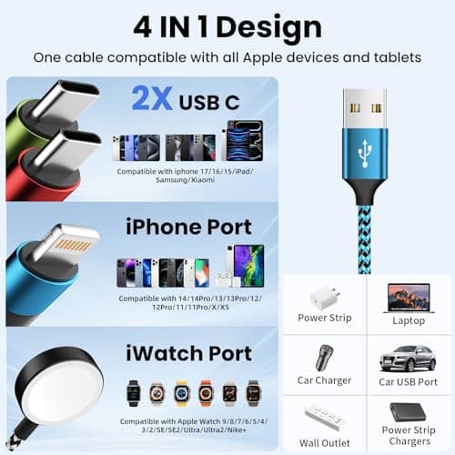 Travel Essentials,USB A/C 4 in 2 Multi Charging Cable for i Watch Charger/Type C Charger/IP Port,Travel Chargers for Multiple Devices, Portable Designed for iWatch &iPhone 17-8 (1, Blue, 5FT) - Thumbnail 2