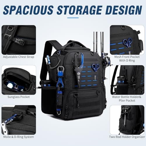 oinitiry Fishing Tackle Backpack with 2 Rod Holders, Multi-Pocket Tactical Bag with Bottle Holder, 50L Large Storage Bag for Fishing Gear and Equipment, Black - Thumbnail 6