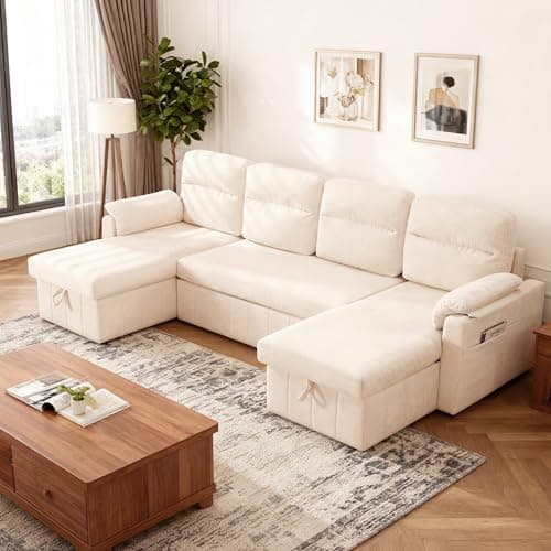 Tbfit 108'' Pull Out Sofa, Cloud Sleeper Sofa Bed with USB & 2 Storage Chaises, Comfy Oersized U Shaped Convertible Sectional Sleeper Couches for Living Room, Apartment, Office, Beige