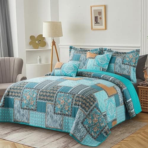 BEDISELY Cotton Bedspread King Quilt Set Boho Patchwork Bedding Set Farmhouse King Quilt 3-Piece Lightweight Reversible Bed Coverlet with 2 Floral Pillowcases for All Seasons (98”x106”) - Thumbnail 2