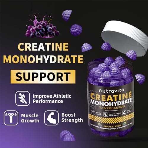Nutravita Creatine Monohydrate Gummies for Men & Women-5g of Creatine Monohydrate per Serving - Sugar Free,Vegan, Grapes Flavor, 120 Count - Thumbnail 6