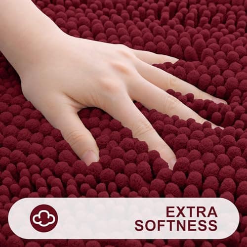 Grandaily Chenille Striped Bathroom Rugs 47x20, Extra Thick and Absorbent Bath Mats, Non-Slip Soft Plush Shaggy Shower Carpet, Machine Wash Dry, Bath Rug for Bathroom, Burgundy - Thumbnail 3
