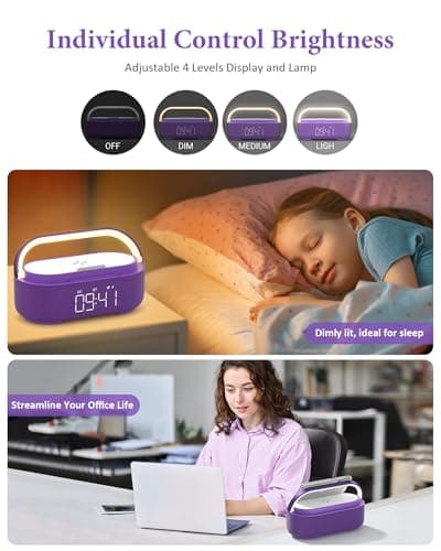 COLSUR Bluetooth Speaker Alarm Clock with Wireless Charger, FM Radio, Adjustable LED Night Light, 6 in 1 Bedroom Portable Speaker 2500mAh, Phone Stand for Bedside, Home, Office, Gift (Purple) - Thumbnail 6