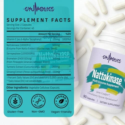 Gyumolics Nattokinase Supplement 10000FU with Organic Nattokinase, Serrapeptase, Bromelain, Curcumin, Vitamin E & Ginseng, Movement Comfort, 90 Capsules - Thumbnail 6