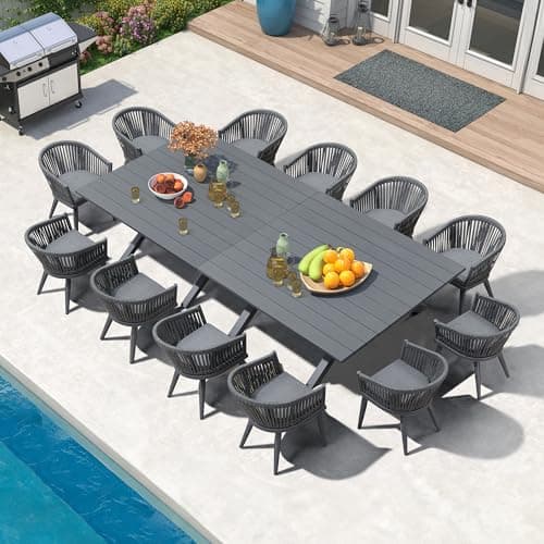 PURPLE LEAF 14 Pieces Outdoor Dining Set with Cushion Rattan Modern, Grey