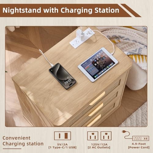 LEYAOYAO Rattan Night Stand Set of 2 with Charger Station, 23" Large 3 Drawer Boho Nightstand, Natural Wood Bedside Table Storage Cabinet, Bed Side End Tables for Bedroom, Living Room, Hallway - Thumbnail 4