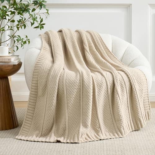 Amélie Home UltraChunky Chenille Throw Blanket, Soft Moss Stitch Knit Blanket for Couch, Sofa, Chair, Home Decor, Beige 50"x60" - Thumbnail 3