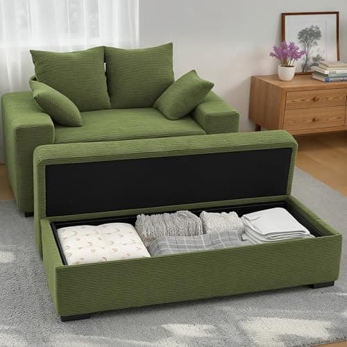 Indoor Chaise Lounge Chair with Storage Ottoman, Modern 60-Inch Lounge Sofa Chair with Wide Armrests & 4 Pillows, Oversized Comfy Reading Lounger for Living Room, Bedroom（Medium-Rib Corduroy Green） - Thumbnail 3