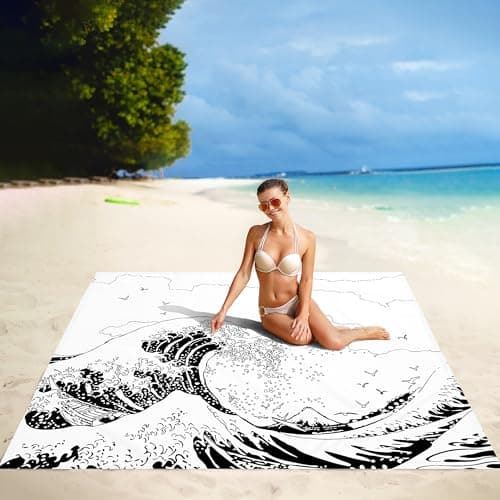 Beach Blanket, Large Sandproof & Waterproof Picnic Blankets, Quick Drying Sand Free Lightweight Beach Mat with 4 Stakes & Pockets for Outdoor Travel Camping Hiking Vacation Essentials - The Great Wave - Thumbnail 2