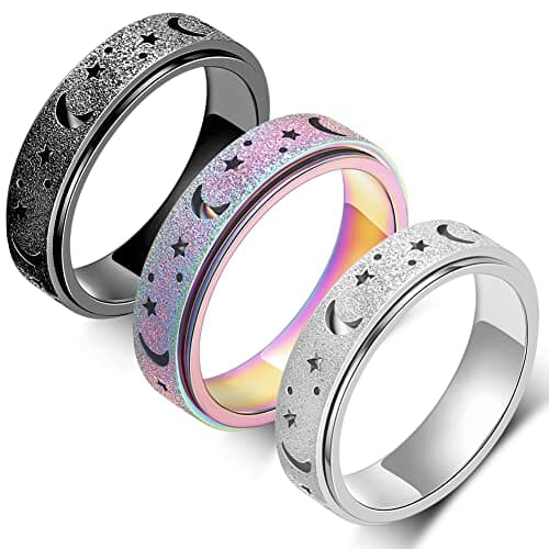 Fidget Toys Anxiety Ring for Women Stainless Steel Spinner Ring Fidget Rings Men Adult Silver Rainbow Black Color Pack Size 9