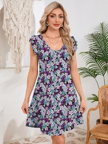 DEARCASE Womens Summer T-Shirt Dresses V Neck Elegant Classy Ruffle Sleeve A-line Tunic Dress 2026 with Pockets Floral Black Tri Colored Flowers X-Large - Thumbnail 5