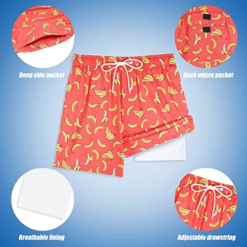 MILANKERR Plus Size Board Shorts Men with Compression Liner,Mens Swimsuits with Compression Shorts 5.5 inch Inseam(Orange Branana,X-Large) - Thumbnail 6