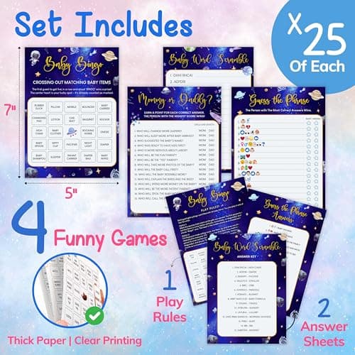 Woodamore Funny Baby Shower Games For Boy Girl - Space Baby Bingo Cards Word Scramble Mommy Or Daddy Game Activities, Over The Moon Shower Decorations - Thumbnail 2