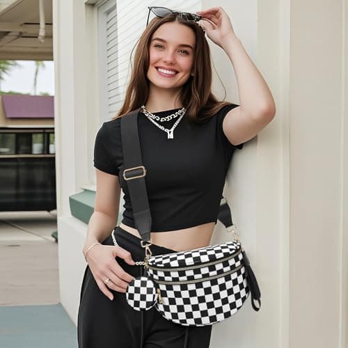 WOOMADA Checkered Crossbody Bag Bum Bag for Women, Spacious Nylon Fanny with Removable Wallets(2pcs-Black Checkerboard) - Thumbnail 5