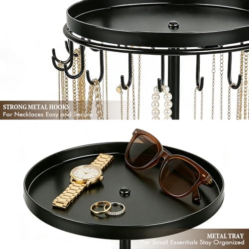 Himake Necklace Holder Metal Jewelry Organizer Stand, Necklace Organizer Hanger with Tray & Hooks for Desk, Jewelry Holder for Necklaces Bracelets and Keychains, Elegant Home Hanging Decor - Black - Thumbnail 4