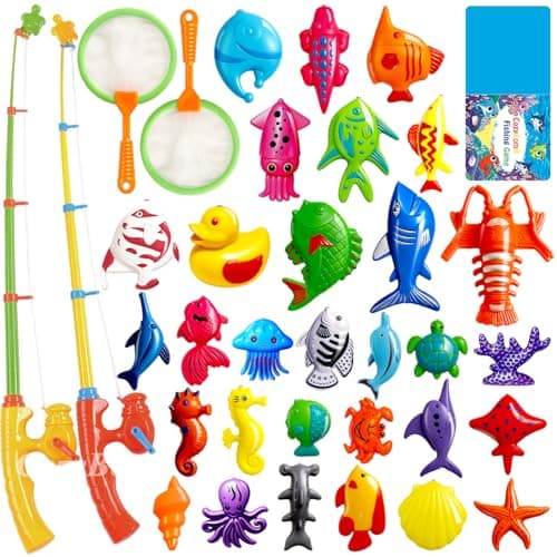 CozyBomB™ Magnetic Fishing Pool Toys Game for Kids - Water Table Bathtub Kiddie Party Toy with Pole Rod Net Plastic Floating Fish Toddler Color Ocean Sea Animals Gifts Age 3 4 5 6 Year Old