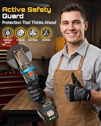 SEESII Flathead Brushless Angle Grinder, 5.0Ah Battery and Fast Charger, Drop Protection, 21V 6 Variable Speed Cordless Grinder Kit 4-1/2 to 5" Cut Off Tool for Metal Cutting, Auto Body, DIY - Thumbnail 2