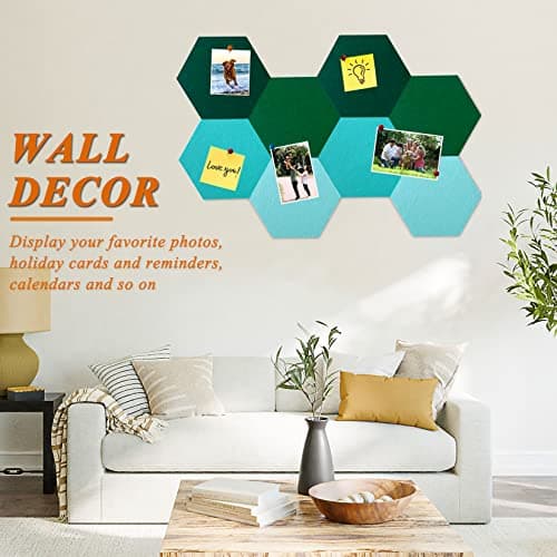 HULAVO 8Pcs Hexagon Felt Cork Board Tiles, Self Adhesive DIY Bulletin Board Pin Board for Office School Home Wall Decor Stickers Memos Photos Display (Gradual Green) - Thumbnail 4